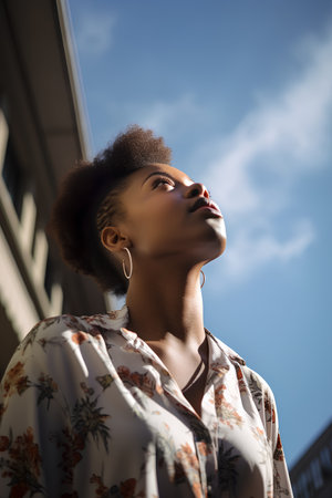 Young african american woman with afro hairstyle looking awayの素材