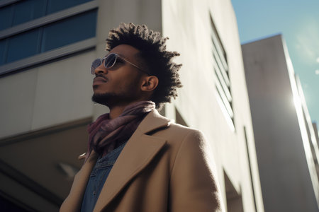 Handsome african american man with afro hairstyle wearing coat and sunglassesの素材