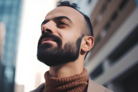 Portrait of a handsome young man with beard and mustache in the cityの素材