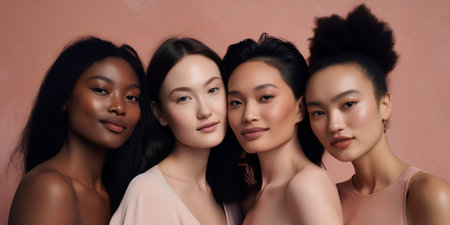 Group of beautiful multiethnic women with different skin tones. Beauty, fashion concept.の素材