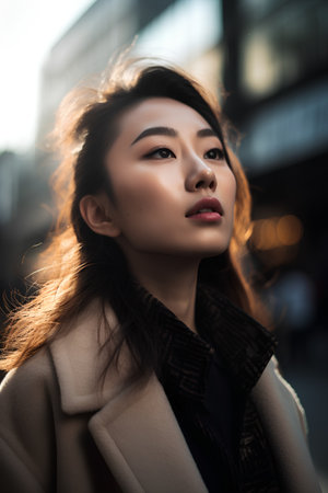 portrait of a beautiful asian woman in the city at sunsetの素材