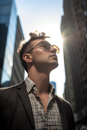 Handsome young man with sunglasses in the city. Men's beauty, fashion.の素材