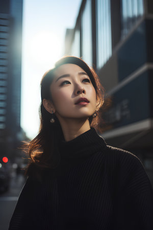 Portrait of a beautiful asian woman in the city at sunsetの素材