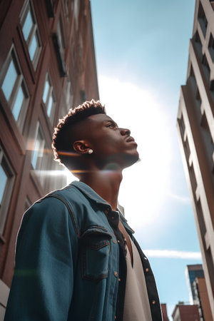 Outdoor portrait of young african american man in casual clothesの素材