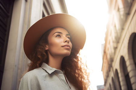 Portrait of a beautiful young woman with curly hair in a hatの素材
