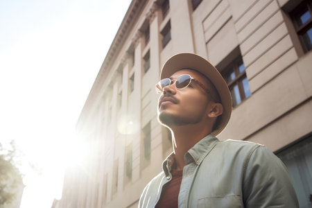Handsome african american man in hat and sunglasses looking awayの素材