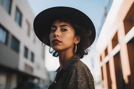 Portrait of a beautiful young woman in a hat on the streetの素材