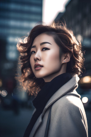 beautiful asian woman with curly hairstyle in the city streetの素材