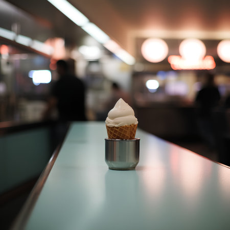 Ice cream cone in coffee shop blur background with bokeh.の素材
