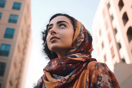 Beautiful young muslim woman with headscarf in the cityの素材