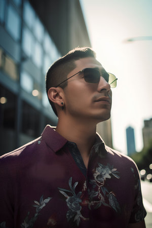 Portrait of a handsome young man with sunglasses in the city.の素材