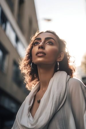 Fashionable young woman with curly hair posing in the city.の素材