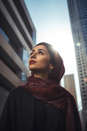 Portrait of a beautiful young muslim woman wearing hijab in the cityの素材