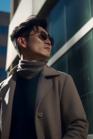Portrait of young handsome man in coat and sunglasses on the streetの素材
