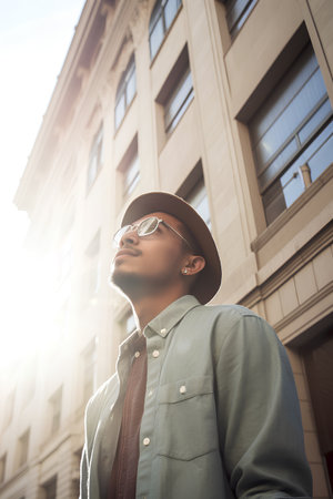Handsome young African American man in a hat and sunglasses is standing in the city.の素材