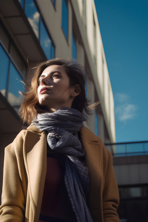 Young beautiful brunette woman in coat and scarf on the street.の素材