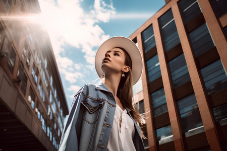 Outdoor fashion portrait of beautiful young woman wearing stylish clothes and hatの素材