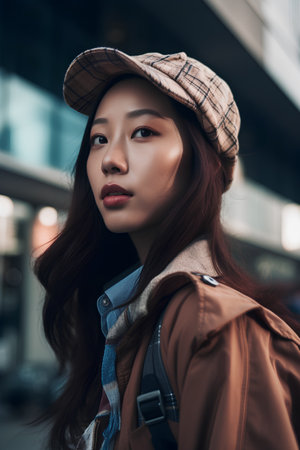 Outdoor fashion portrait of young asian woman wearing hat and coatの素材