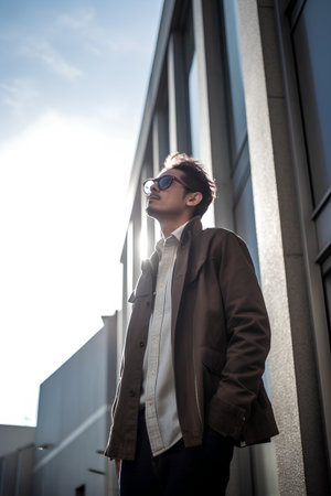 Young handsome man in coat and sunglasses against the background of a modern buildingの素材