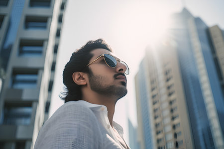 Portrait of young handsome Indian man in sunglasses. Outdoors.の素材