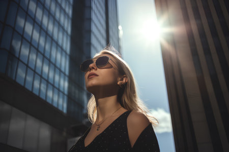 Beautiful young woman in sunglasses on the background of a skyscraperの素材