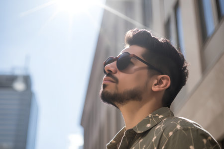 young handsome hipster man in sunglasses posing in the city, lifestyle people conceptの素材