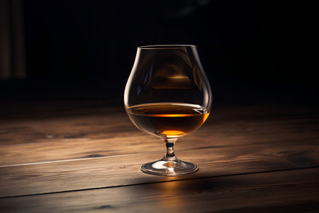Glass of brandy on a wooden table. Selective focus.の素材
