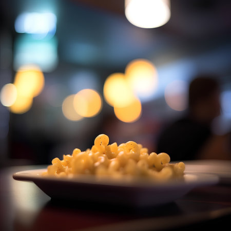 Macaroni on a plate in a restaurant with a blurred backgroundの素材