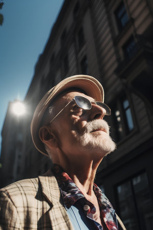 Portrait of a senior man with hat and sunglasses in the cityの素材