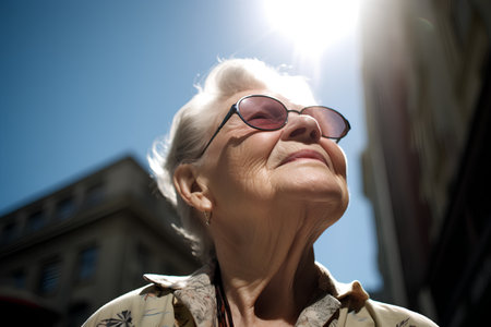 Portrait of a senior woman in glasses on a sunny day.の素材