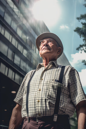 Senior man with hat standing in the city and looking at camera.の素材