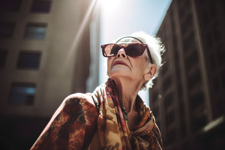 Portrait of senior woman in sunglasses and scarf in the city.の素材