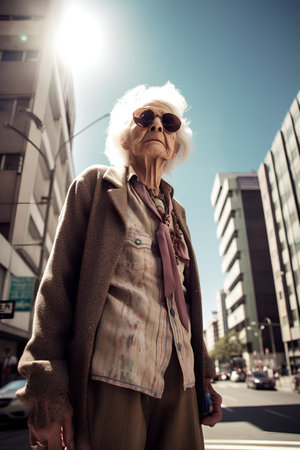 Portrait of an elderly woman in sunglasses on the streets of the cityの素材