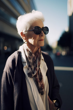 Portrait of an elderly woman in sunglasses on a background of the cityの素材