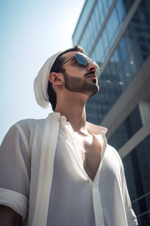 Portrait of handsome arabian man in sunglasses and white shirt outdoorの素材
