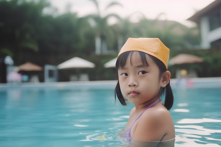 Cute asian little girl in swimming pool, shallow DOFの素材