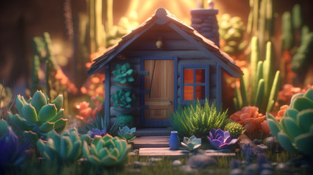 Miniature house in the garden at night. Selective focus.の素材