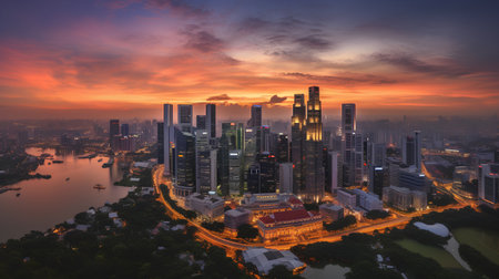 Aerial view of skyscrapers at sunset in Shanghai, Chinaの素材
