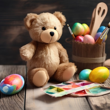 Teddy bear and easter eggs on wooden background. Selective focusの素材