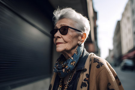 Portrait of an elderly woman in sunglasses on a city street.の素材