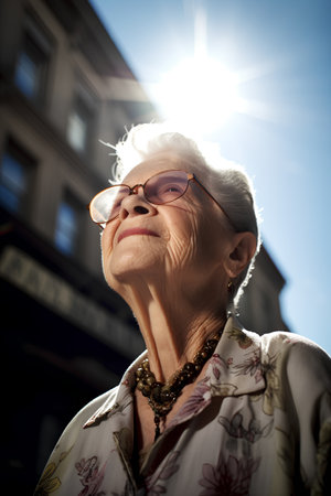 Portrait of an elderly woman on a sunny day in the cityの素材