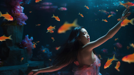 Beautiful young woman in the aquarium with fishes. Underwater world.の素材