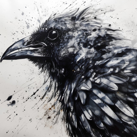 Digital painting of a crow in black and white with splashes of inkの素材