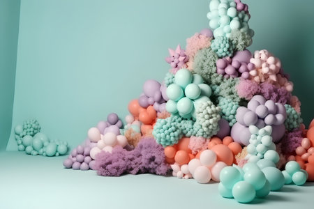 3d render of a Christmas tree made of multi-colored balloonsの素材