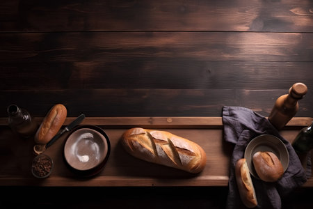 Baguette and coffee on a wooden background. Selective focus.の素材