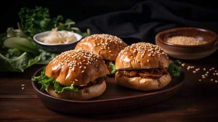 Hamburgers with sesame seeds on a wooden background.の素材