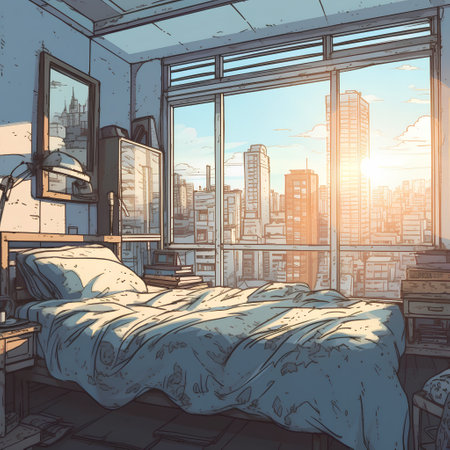 Interior of a bedroom with a bed and a window overlooking the cityの素材