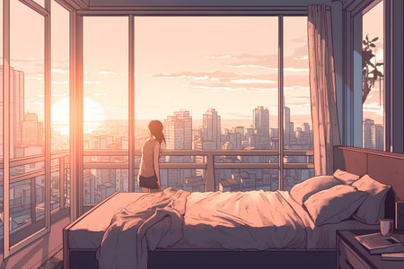 Woman in bed looking at the city through the window. 3D renderingの素材