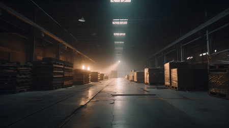 Interior of a warehouse at night with a lot of boxes on the floorの素材