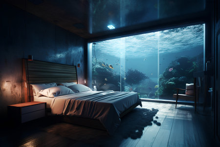 3d rendering of a bedroom in the attic with a view of the seaの素材